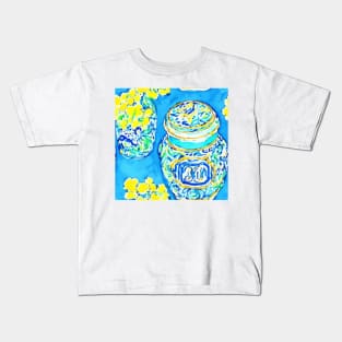 Mimosa and chinoiserie jars on turquoise Kids T-Shirt